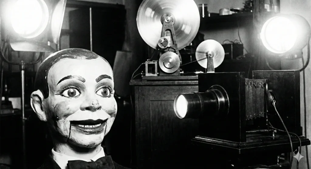 Black and white photograph of Stooky Bill, the painted ventriloquist dummy head used in the first TV experiments, sitting in front of mechanical scanning discs and bright lights.