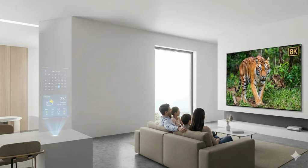 Modern 2026 minimalist living room with a family watching a nature documentary on a large wall-mounted 8K television, alongside a holographic wall display.