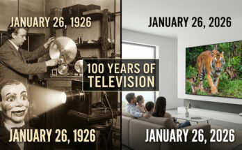 Split screen image comparing John Logie Baird's 1926 mechanical television lab and 'Stooky Bill' puppet with a modern 2026 living room featuring a family watching an 8K TV.