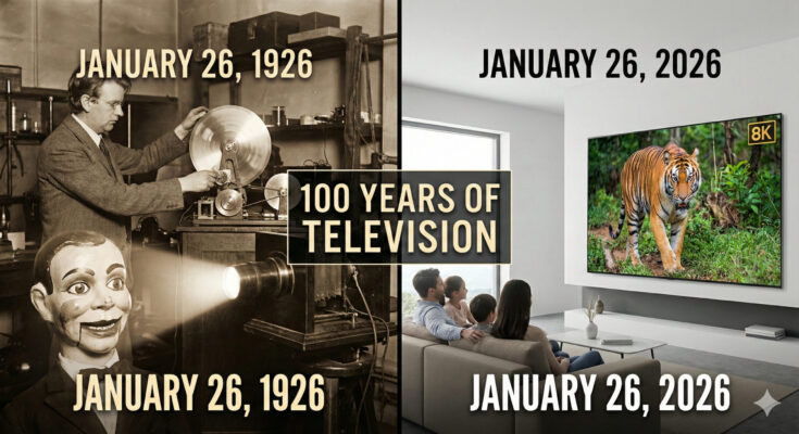 Split screen image comparing John Logie Baird's 1926 mechanical television lab and 'Stooky Bill' puppet with a modern 2026 living room featuring a family watching an 8K TV.
