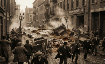A historical recreation of the 1919 Great Molasses Flood, showing a giant wave of dark molasses moving through a Boston street, crushing carts and buildings.