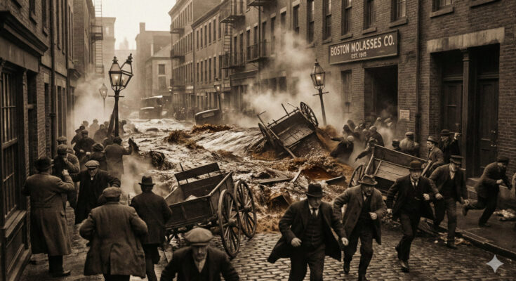 A historical recreation of the 1919 Great Molasses Flood, showing a giant wave of dark molasses moving through a Boston street, crushing carts and buildings.
