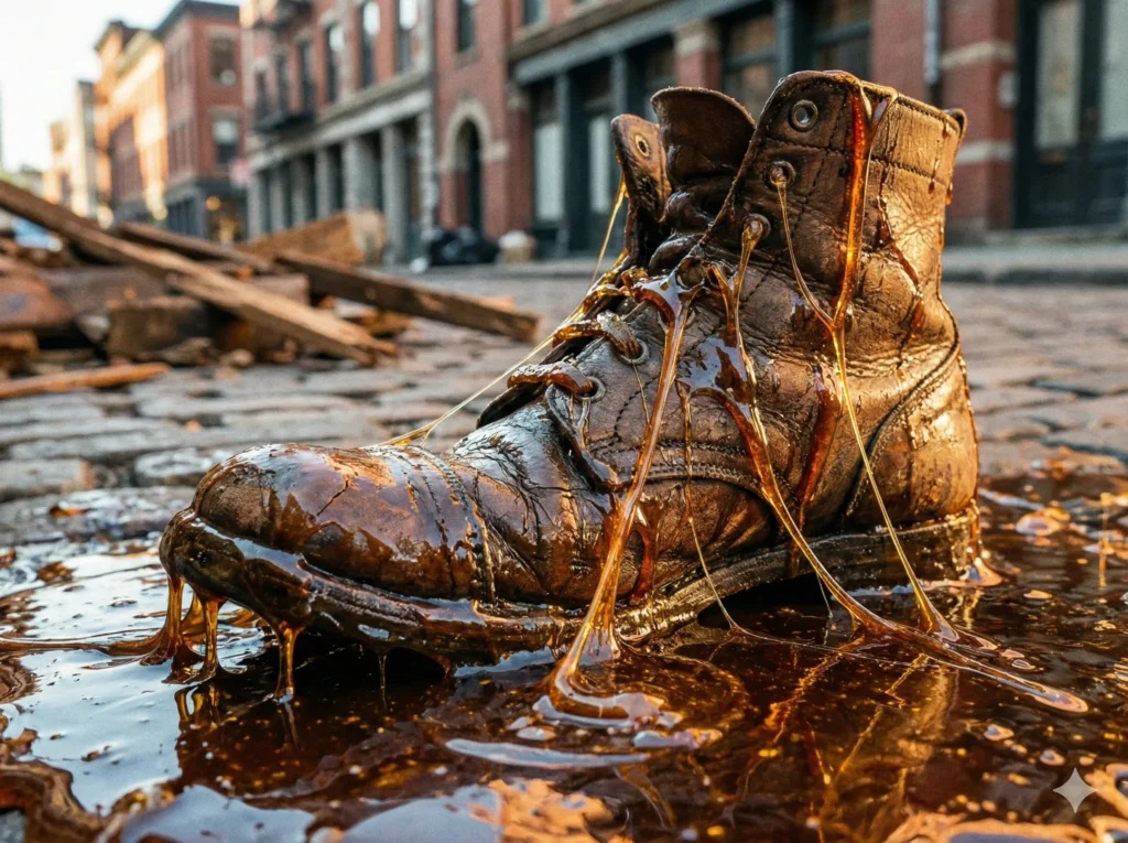 Close-up photograph of a vintage leather boot stuck in a thick pool of glossy, amber-colored molasses, illustrating the deadly viscosity of the fluid.
