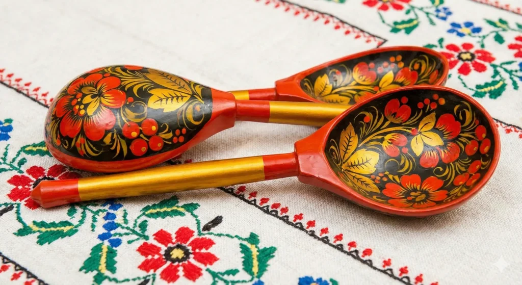 Two traditional Russian wooden spoons painted in the vibrant red, gold, and black Khokhloma floral folk art style, resting on embroidered fabric.