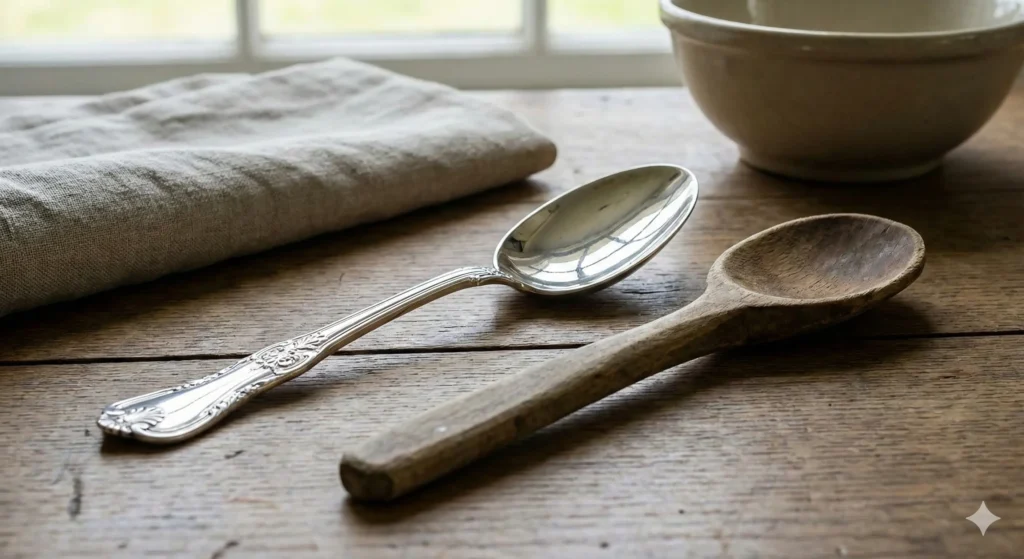 A polished antique sterling silver spoon sitting next to a rustic, worn peasant's handmade wooden spoon on a wooden table by a window.
