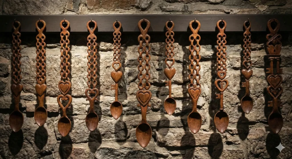 A display of historical, intricately hand-carved Welsh Lovespoons hanging on a rough stone wall, featuring wooden symbols like hearts, chains, and keys.