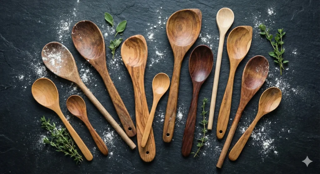 A flat lay photograph of various vintage wooden cooking spoons of different shapes and timber types scattered on a dark slate kitchen countertop with flour and herbs.