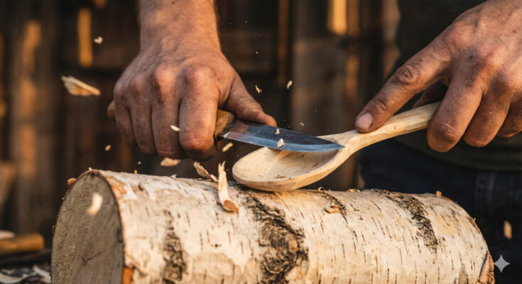Close-up photograph of an artisan's hands using a sloyd knife to carve a wooden spoon from a raw birch log, with wood chips flying in warm light.