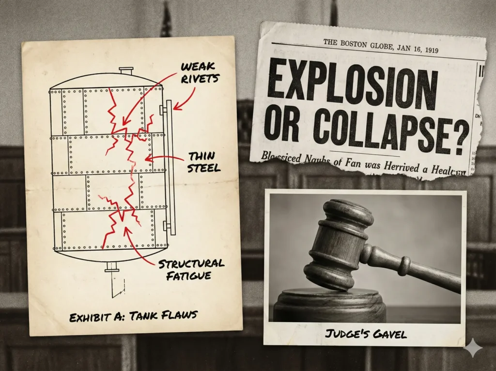A composite illustration illustrating the legal battle over the molasses flood. Left side shows a diagram of a faulty steel tank; right side shows a 1919 newspaper headline about the court case.