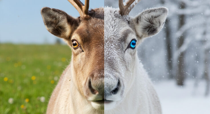 A comparison of reindeer eyes showing gold color in summer and blue color in winter.