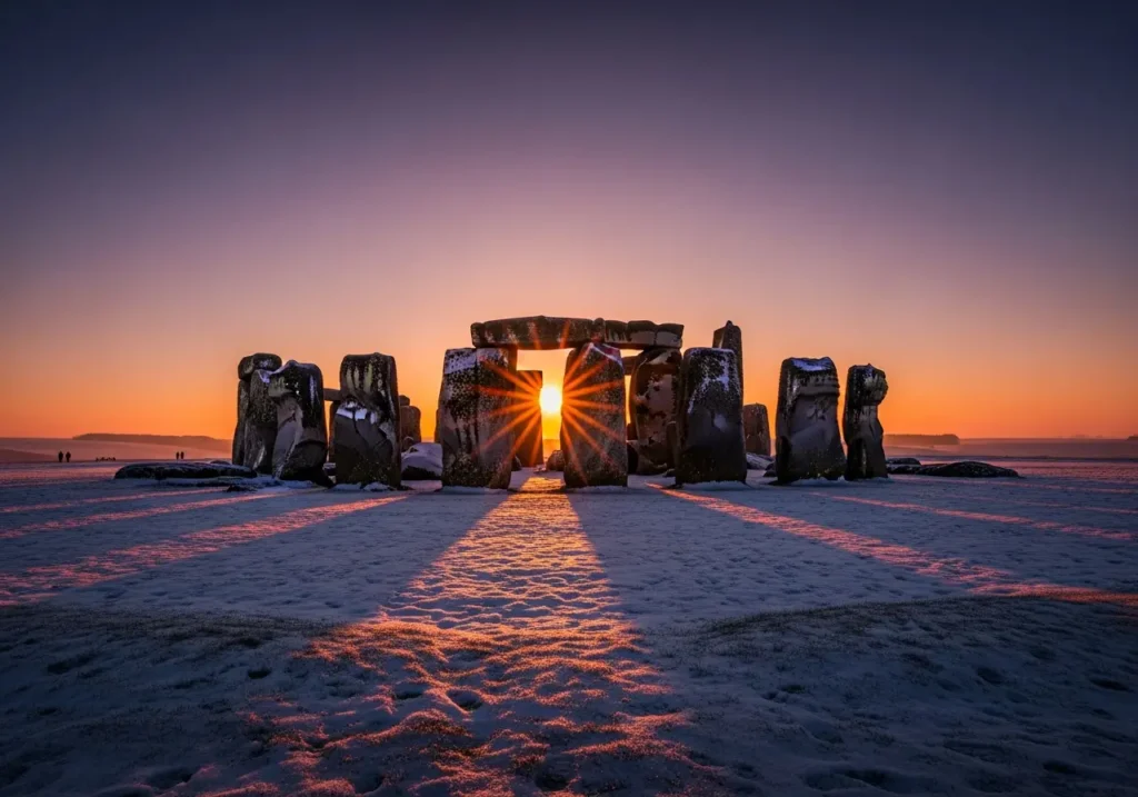 The sun setting through the stones of Stonehenge during the Winter Solstice.