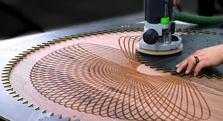 large walnut coffee table with a deep geometric spirograph carving, created using a custom 3D printed router jig and a woodworking router.