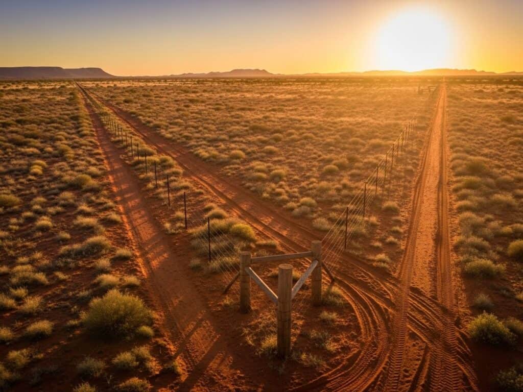 Aerial photograph at sunset showing the immense Australian Dingo Fence stretching across the red earth of the outback to the horizon.