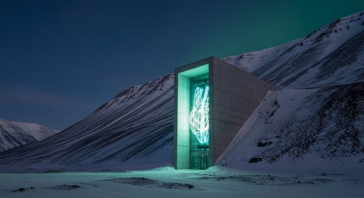The illuminated entrance of the Svalbard Global Seed Vault in the snow.