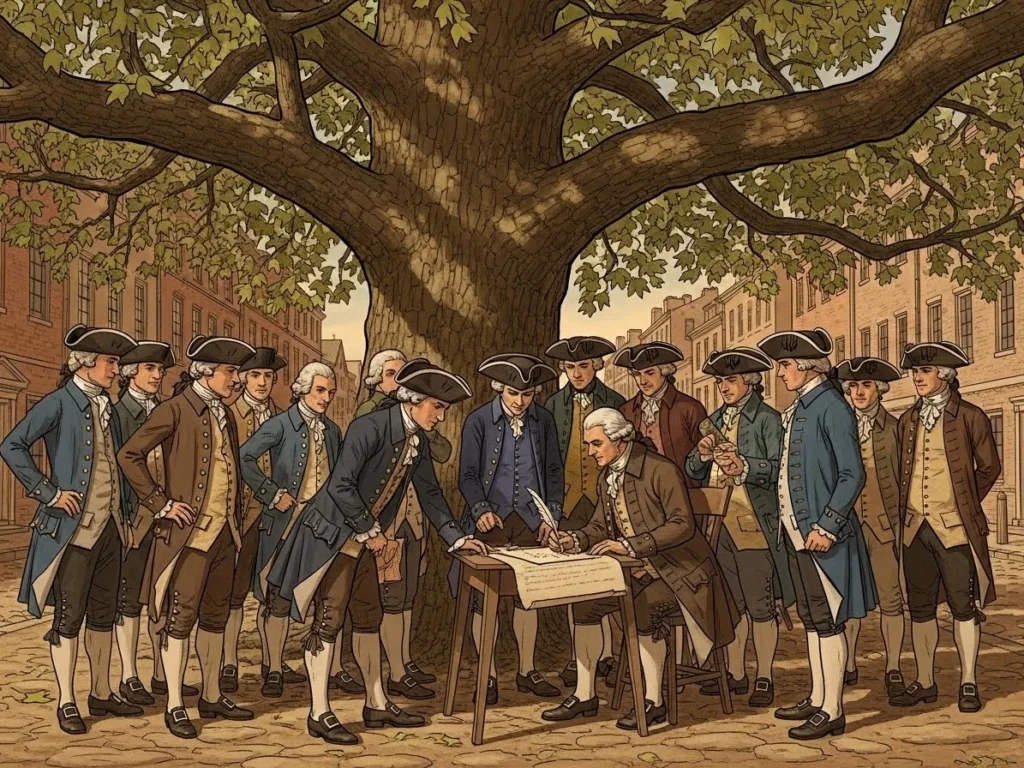 Stockbrokers signing the Buttonwood Agreement under a Sycamore tree in 1792.
