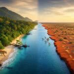 Split-screen nature photograph illustrating the Wallace Line, showing an Asian tiger in a lush jungle on the left separated by water from Australian kangaroos in arid scrubland on the right.