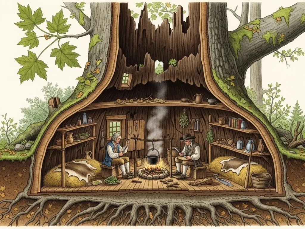 Illustration of the Pringle Brothers living inside a hollow Sycamore tree.