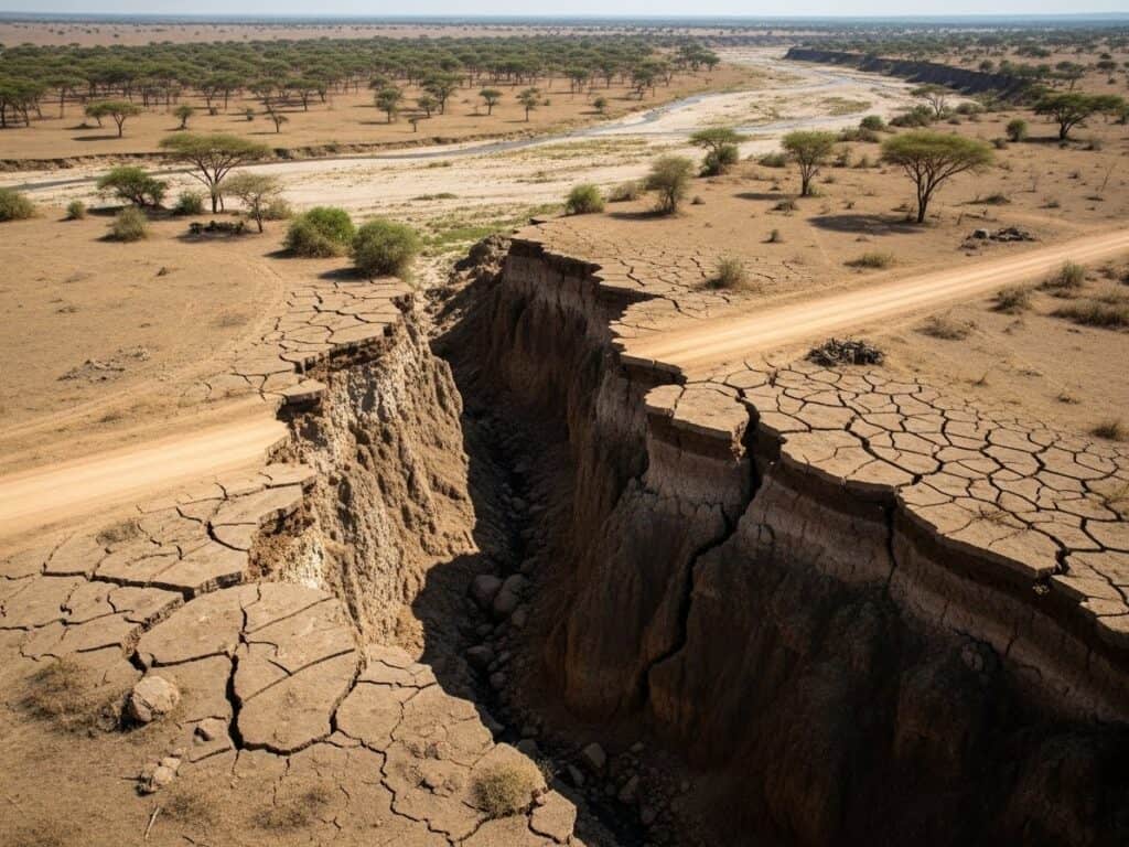 Aerial view of a massive geological fissure in Kenya tearing through dry earth and splitting a dirt road, evidence of plate tectonics.
