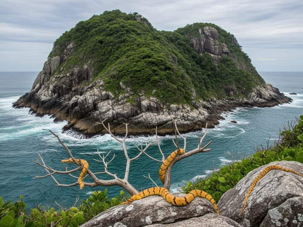 Telephoto view of the rocky, forbidden coastline of Brazil's Snake Island (Ilha da Queimada Grande) under a moody sky, with venomous vipers visible on the rocks.