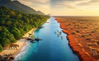 Split-screen nature photograph illustrating the Wallace Line, showing an Asian tiger in a lush jungle on the left separated by water from Australian kangaroos in arid scrubland on the right.