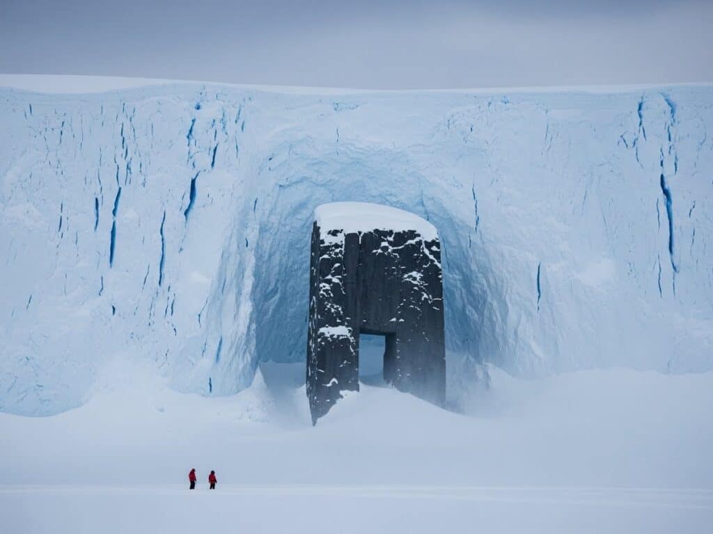 Wide landscape photograph of a massive Antarctic glacier cliff featuring a peculiar rectangular rock formation resembling a giant doorway, with researchers nearby for scale.
