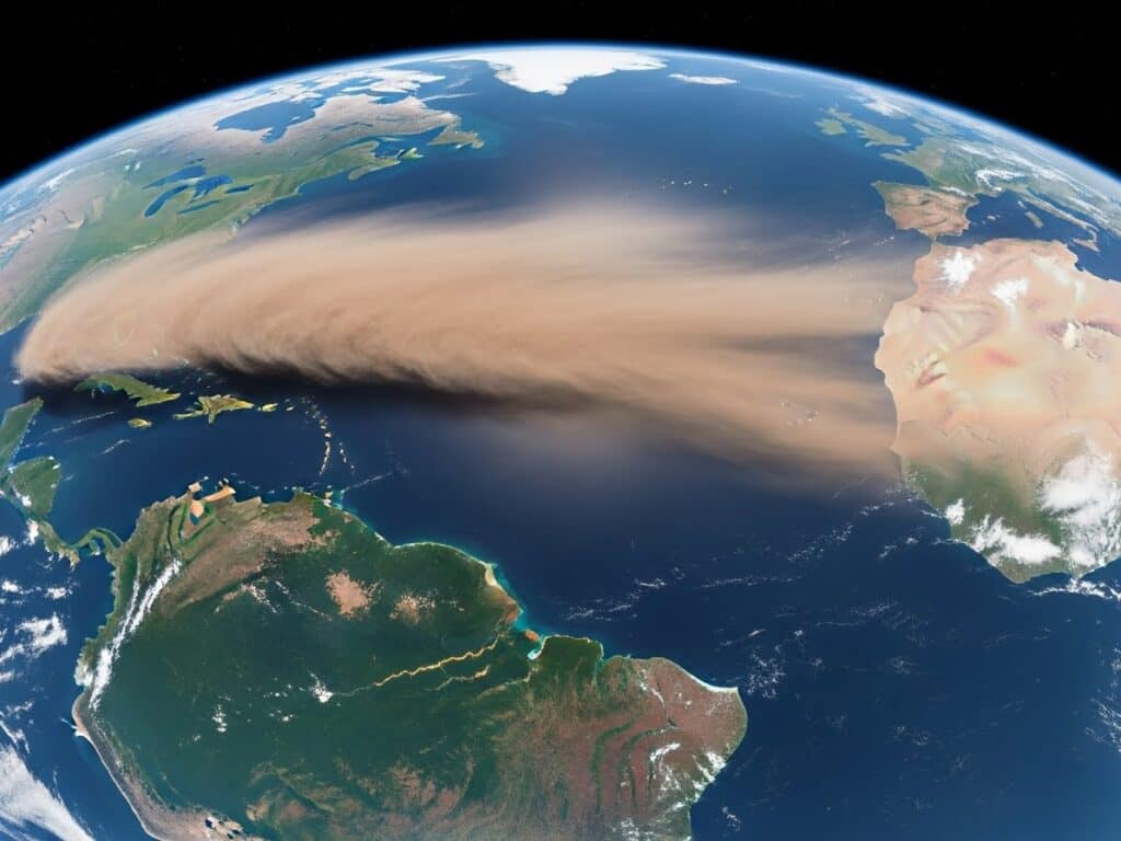 High-altitude satellite view showing a massive plume of Saharan desert dust blowing across the Atlantic Ocean toward the green Amazon Rainforest.