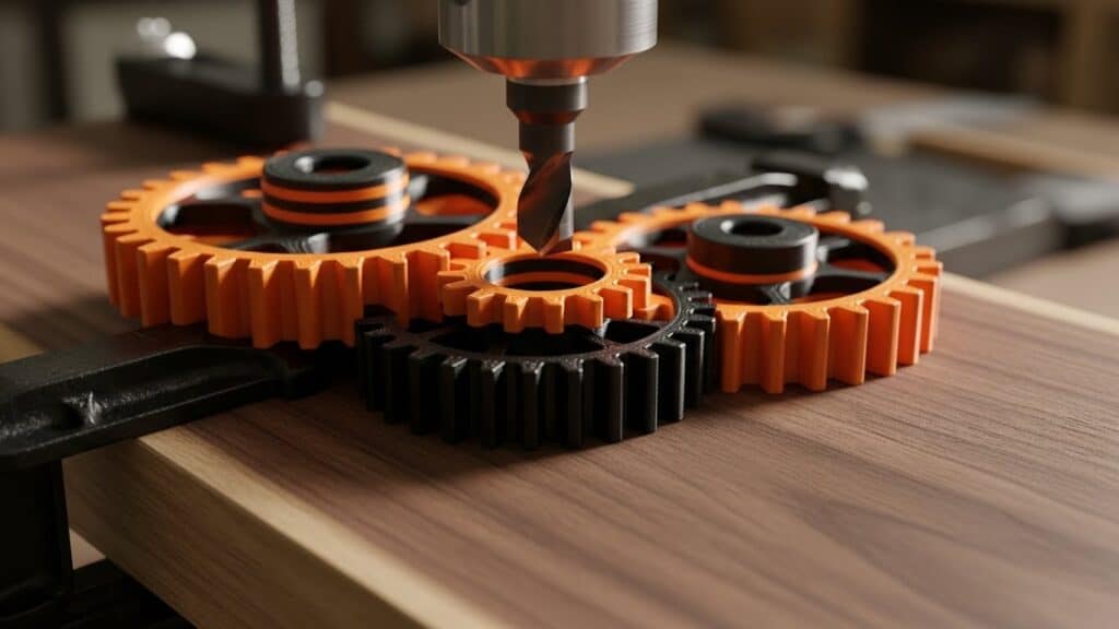 Close up of 3D printed gears used for woodworking.