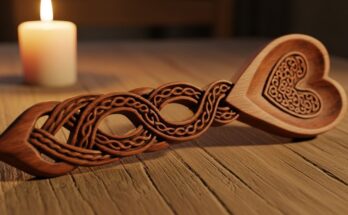An intricate wooden Welsh Lovespoon with heart and chain carvings.