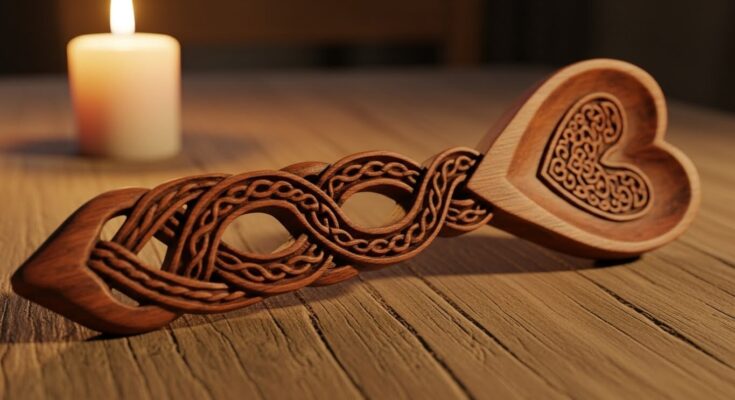 An intricate wooden Welsh Lovespoon with heart and chain carvings.