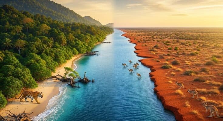 Split-screen nature photograph illustrating the Wallace Line, showing an Asian tiger in a lush jungle on the left separated by water from Australian kangaroos in arid scrubland on the right.