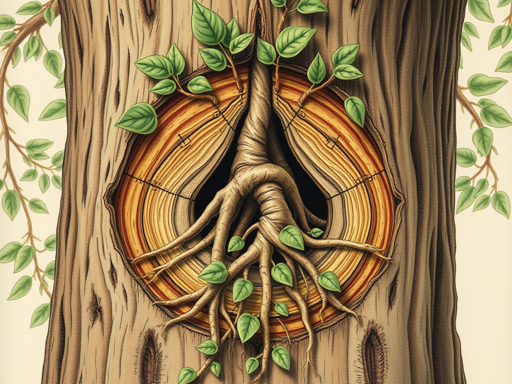 Illustration of mistletoe roots digging into a tree branch to steal nutrients.