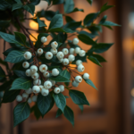 A bunch of mistletoe hanging in a doorway with white berries.