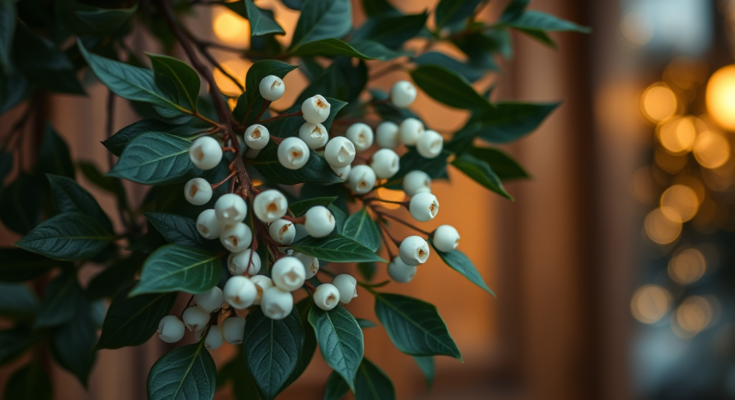 A bunch of mistletoe hanging in a doorway with white berries.