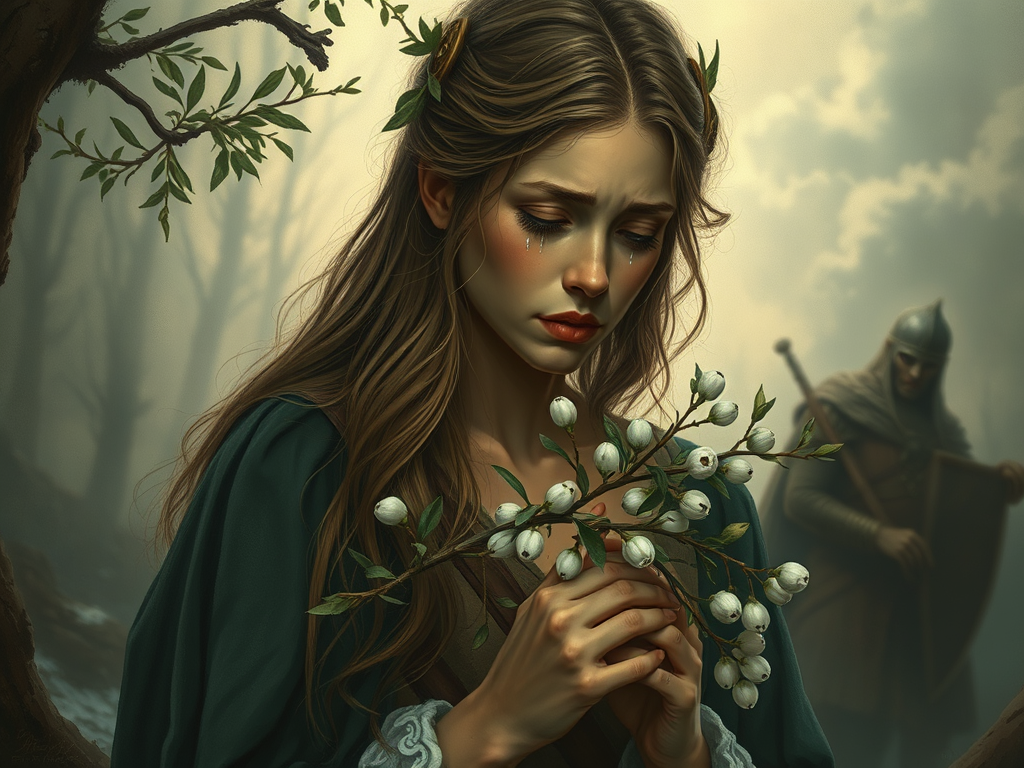 Norse Goddess Frigga holding mistletoe and crying over the death of Baldur.