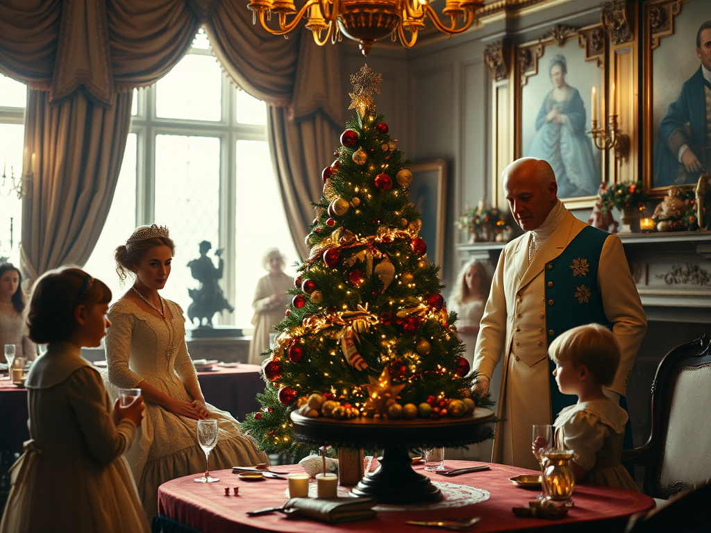 Queen Victoria and Prince Albert standing with their children around a lighted tabletop Christmas tree in 1846.