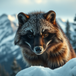 A wolverine (Gulo gulo) standing on a snowy mountain ridge in winter.