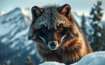 A wolverine (Gulo gulo) standing on a snowy mountain ridge in winter.