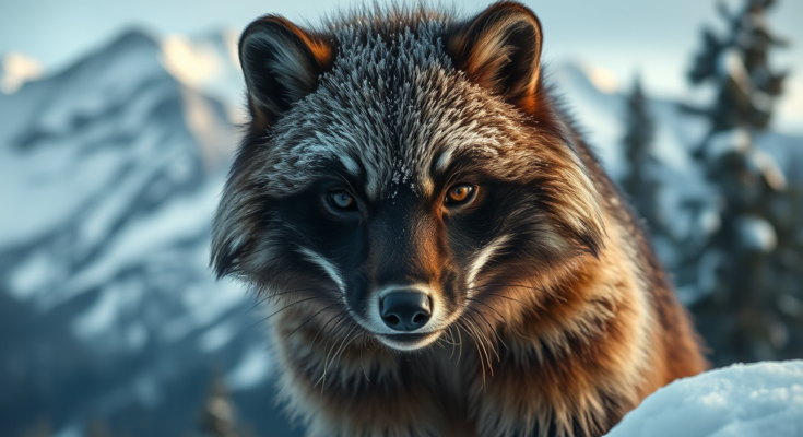 A wolverine (Gulo gulo) standing on a snowy mountain ridge in winter.