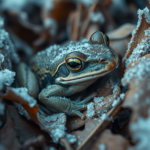 A frozen wood frog covered in ice crystals on the forest floor during winter.
