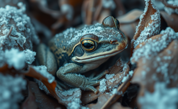 A frozen wood frog covered in ice crystals on the forest floor during winter.