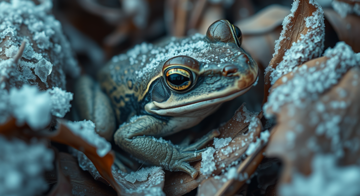 A frozen wood frog covered in ice crystals on the forest floor during winter.