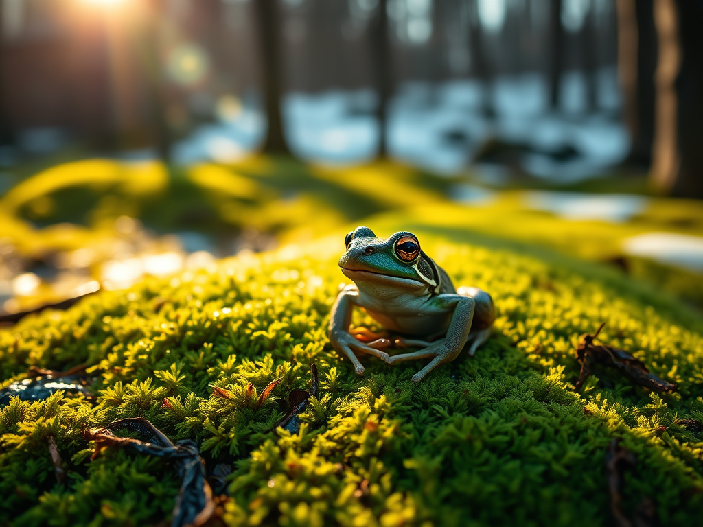 A wood frog sitting on moss in the spring after thawing out from winter hibernation.