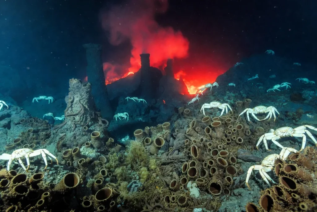 Black smoker hydrothermal chimneys spewing superheated water, surrounded by giant tube worms and crabs on Axial Seamount's seafloor.