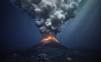 Dramatic illustration of Axial Seamount erupting underwater, with glowing red-orange lava flows down the volcanic cone, massive hydrothermal megaplume rising into deep blue ocean, and scientific monitoring instruments on the seafloor.