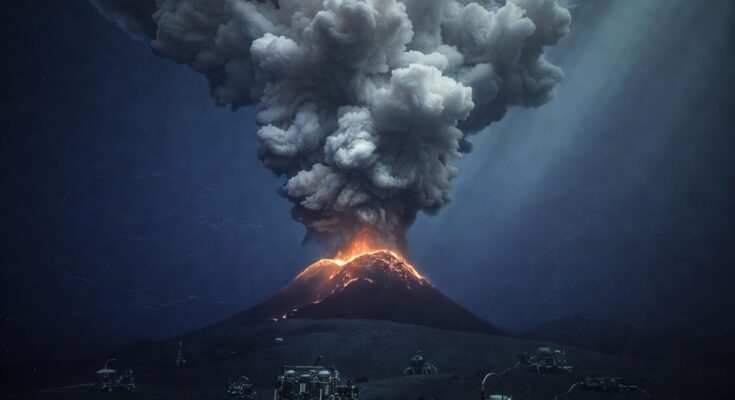 Dramatic illustration of Axial Seamount erupting underwater, with glowing red-orange lava flows down the volcanic cone, massive hydrothermal megaplume rising into deep blue ocean, and scientific monitoring instruments on the seafloor.