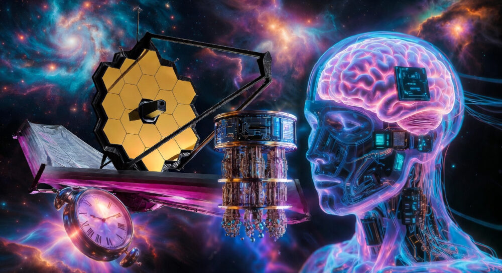 Vibrant futuristic collage of James Webb Space Telescope, quantum computer, neural implants, fusion reactor, and melting clocks in cosmic space representing 2026 mind-blowing facts