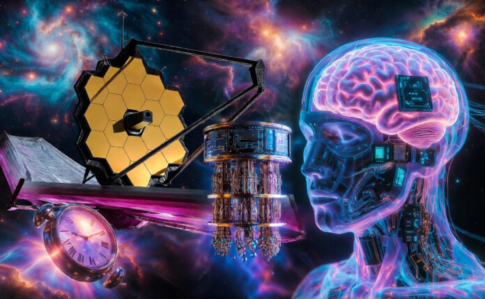 Vibrant futuristic collage of James Webb Space Telescope, quantum computer, neural implants, fusion reactor, and melting clocks in cosmic space representing 2026 mind-blowing facts