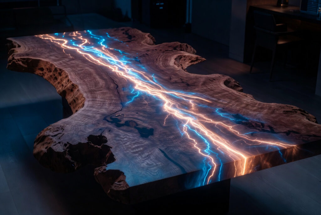 Live-edge walnut dining table with embedded glowing LED veins lighting up at night – mind-blowing 2026 design