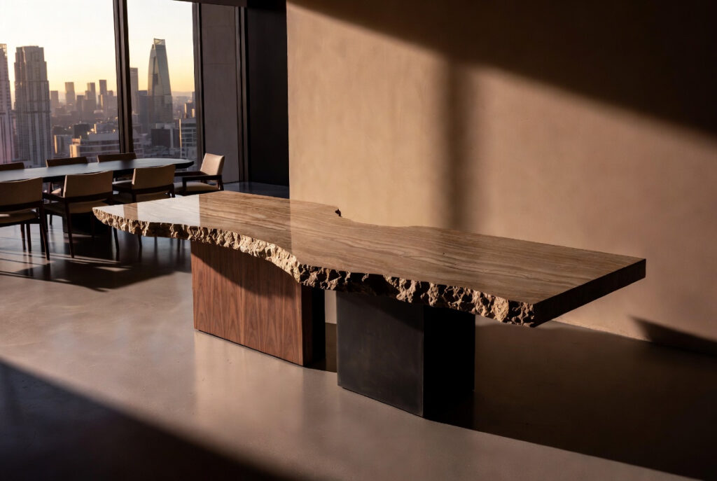Asymmetrical organic dining table with curved and angular edges in 2026 luxury interior design