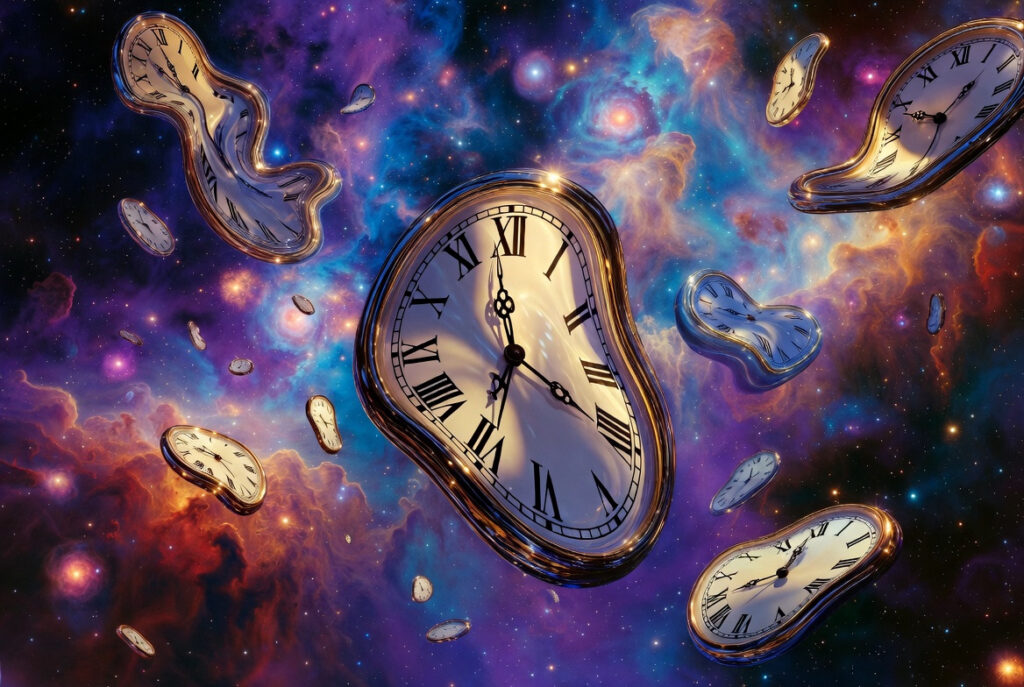 Surreal illustration of melting clocks floating in deep space among colorful galaxies and nebulae, symbolizing time relativity in 2026